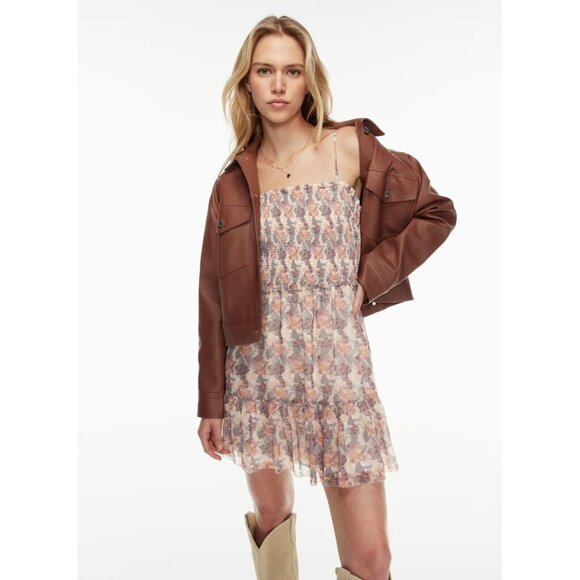 Aritzia WILFRED Tempest Floral Chiffon Ruffle Smocked Tiered Mini Dress, Size M - Picture 13 of 16